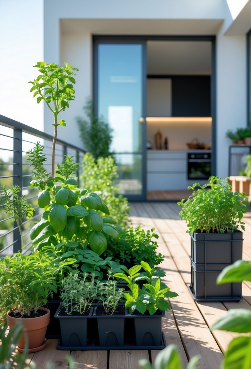 A compact herb garden with various green herbs in pots on a terrace near a kitchen door.