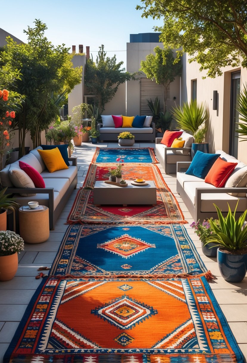 Outdoor terrace with colorful rugs arranged around seating areas and plants under natural sunlight.
