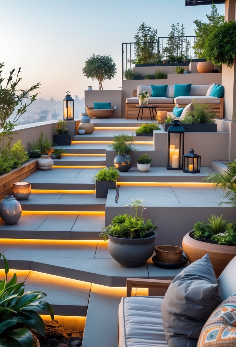 A multi-level outdoor terrace with separate seating, dining, and garden areas connected by steps, surrounded by plants and outdoor furniture.
