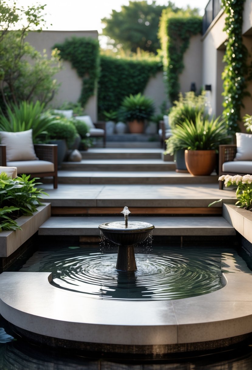 Outdoor terrace with a small water fountain surrounded by plants and seating areas.