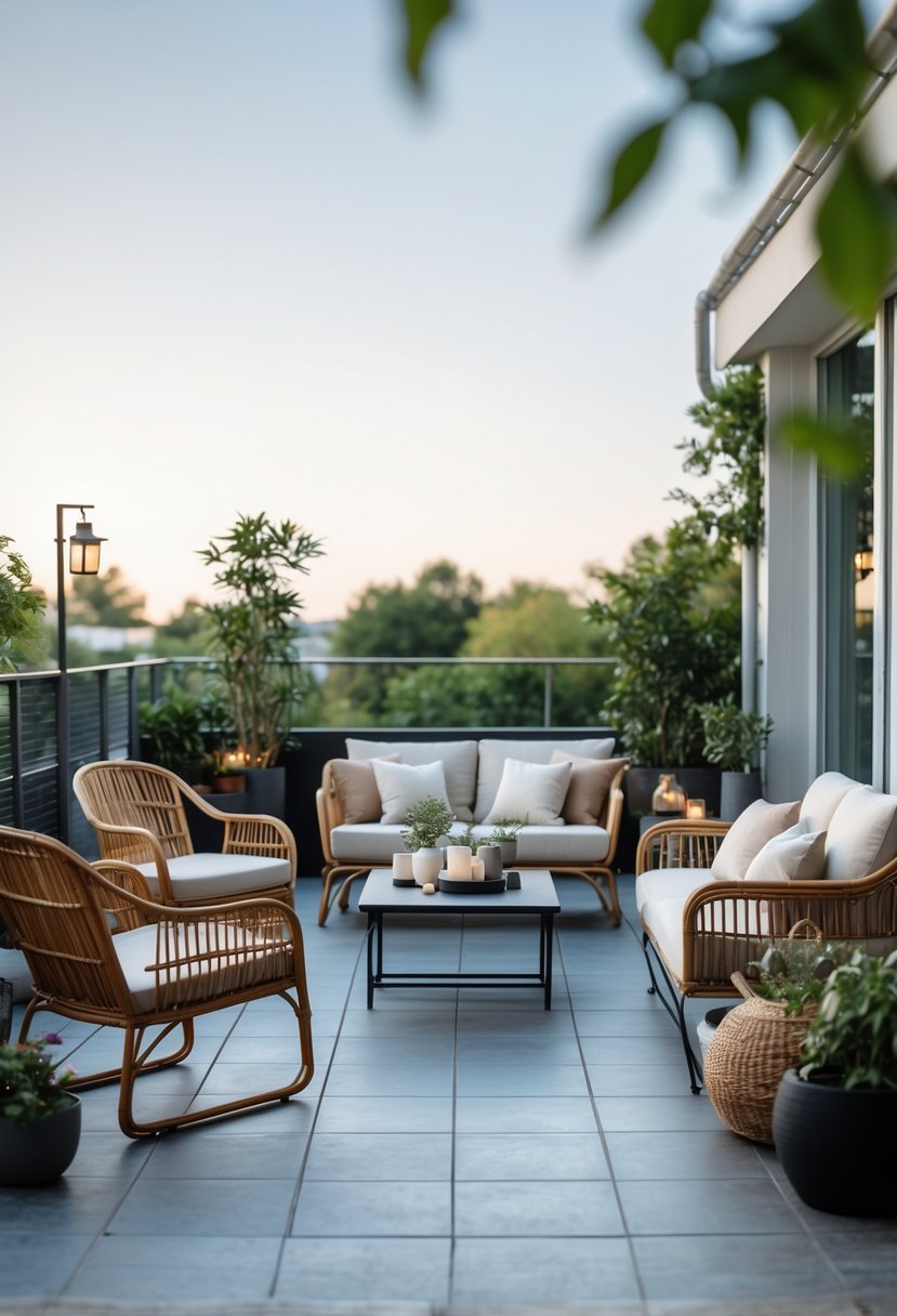 Outdoor terrace with rattan and metal furniture, plants, and soft lighting.