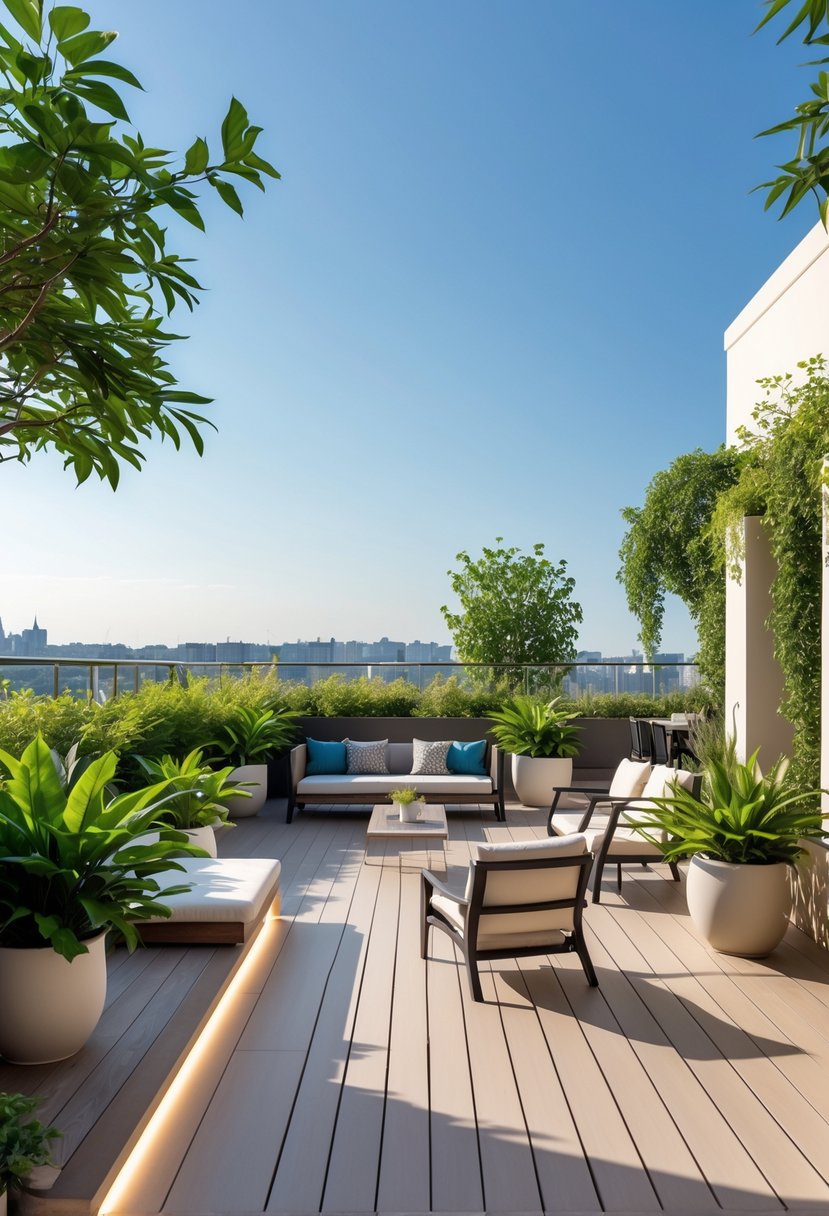 A well-maintained terrace with lounge chairs, plants, wooden flooring, and a view of the sky and city or garden.