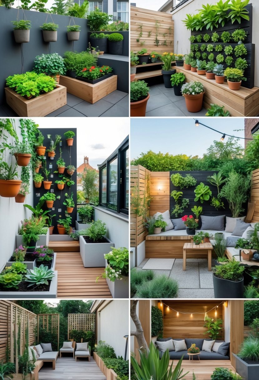 A collage of ten different small terrace gardens featuring plants, flowers, seating areas, and decorative elements arranged in compact outdoor spaces.