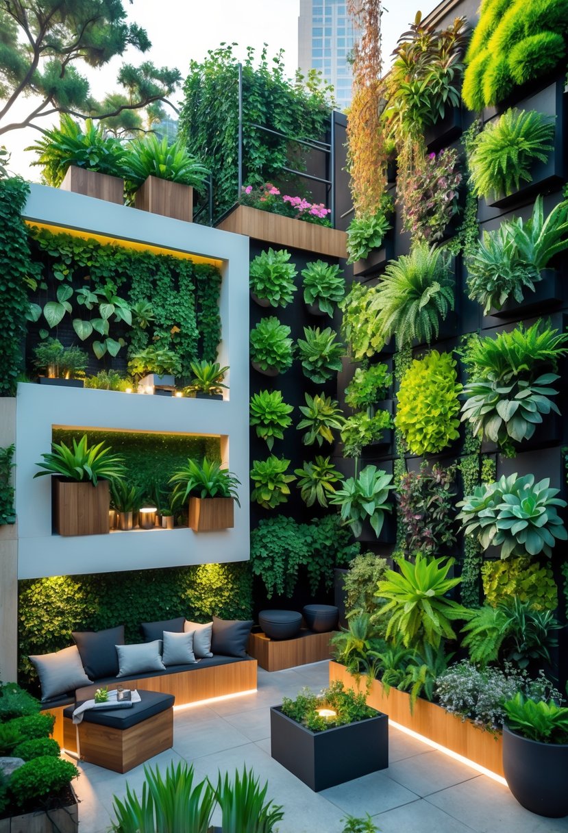 A collection of small terrace gardens featuring vertical plant walls with various green plants and flowers in an outdoor urban setting.