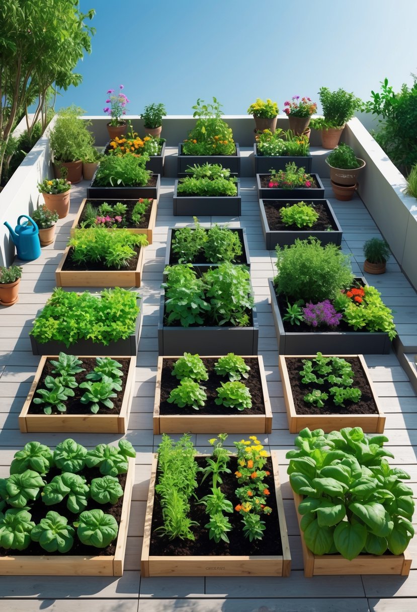 A small terrace garden with ten compact raised garden beds filled with various plants, flowers, and vegetables under natural sunlight.