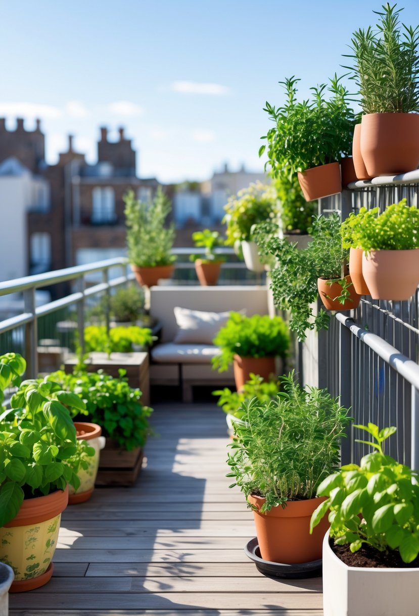 A terrace with ten small hanging herb gardens attached to railings, featuring green herbs in various pots and containers.