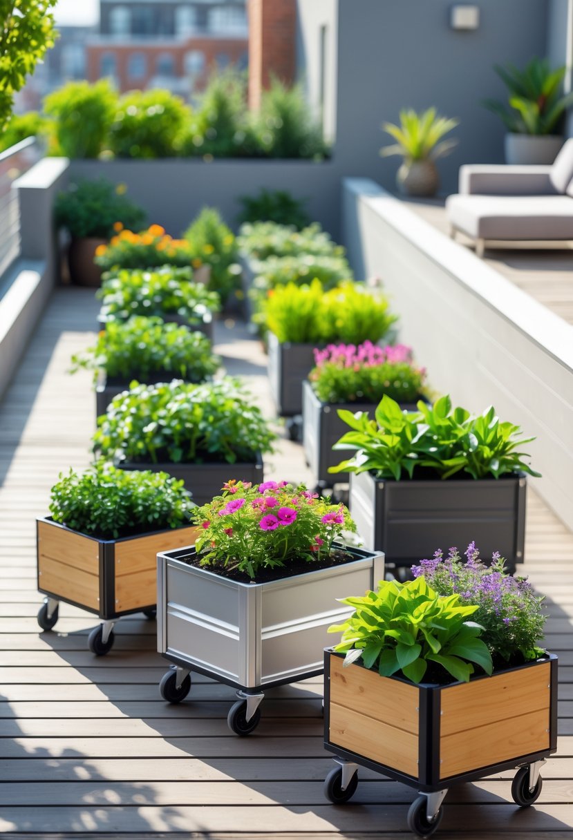 Ten portable planter boxes with wheels arranged on a terrace garden filled with various green plants and flowers.