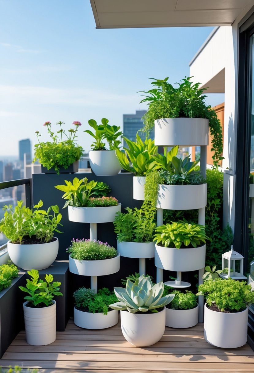 A small urban terrace with multiple multi-tiered plant stands holding various green plants and flowers, surrounded by outdoor furniture and cityscape in the background.