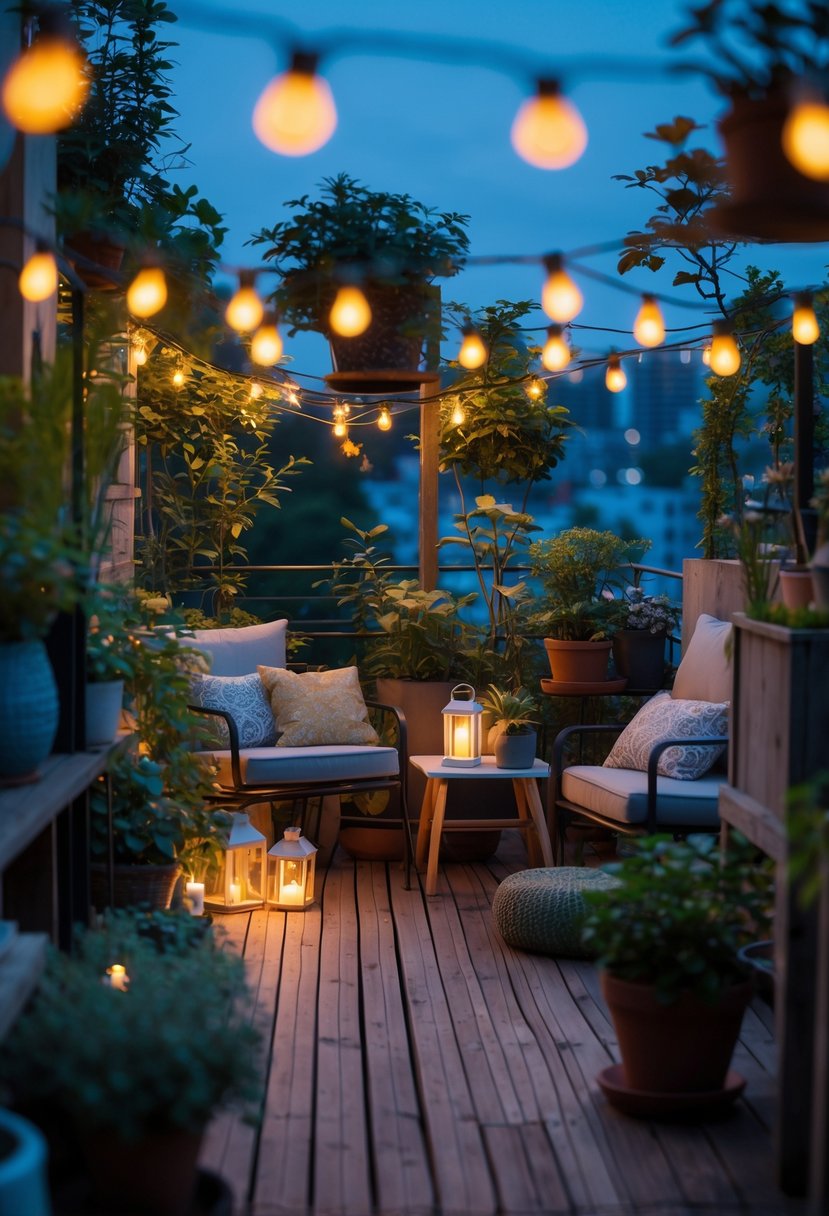 A small terrace garden at evening with string lights hanging overhead, plants, and outdoor seating.