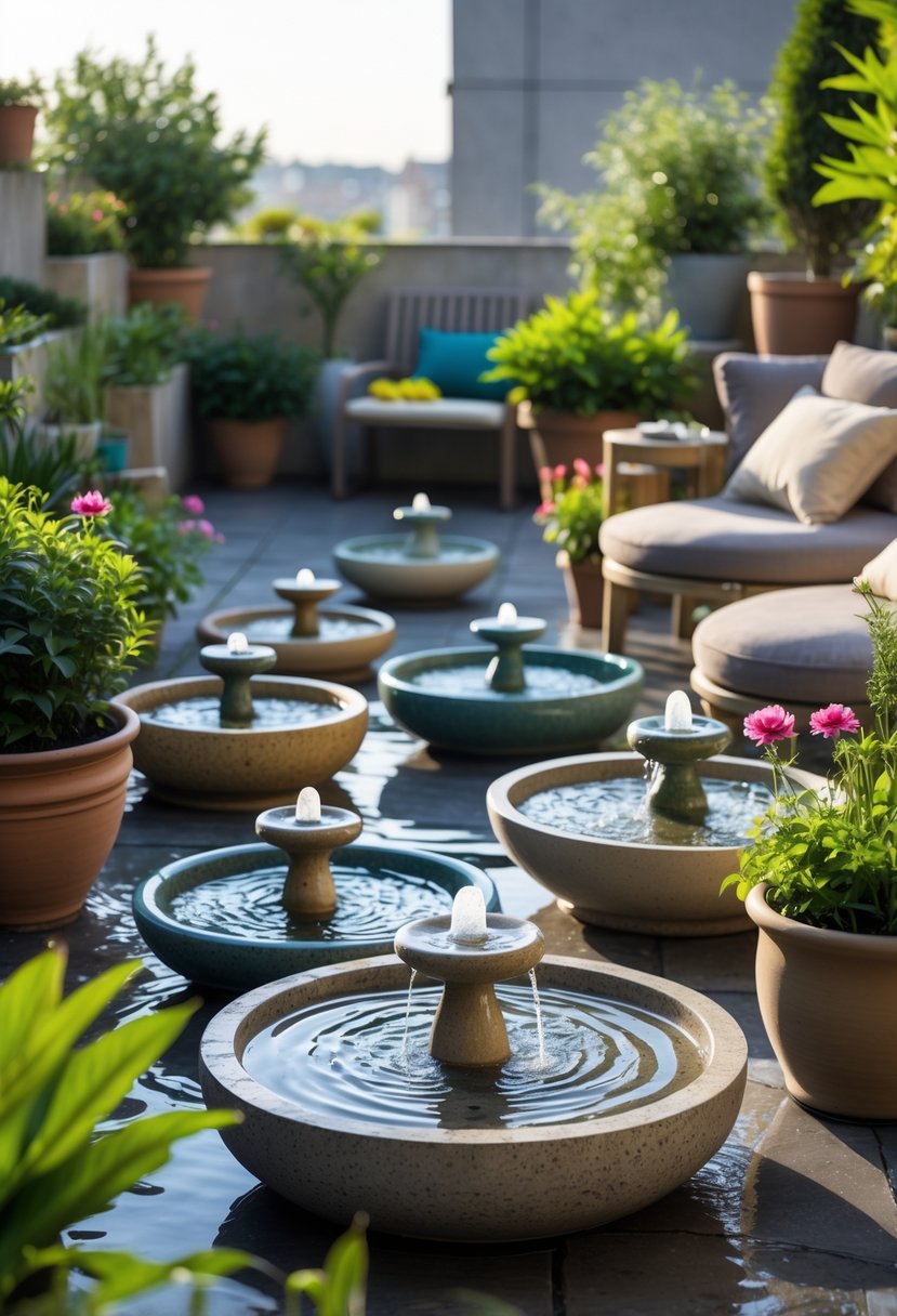 A terrace garden with ten small water fountains surrounded by plants and seating areas.