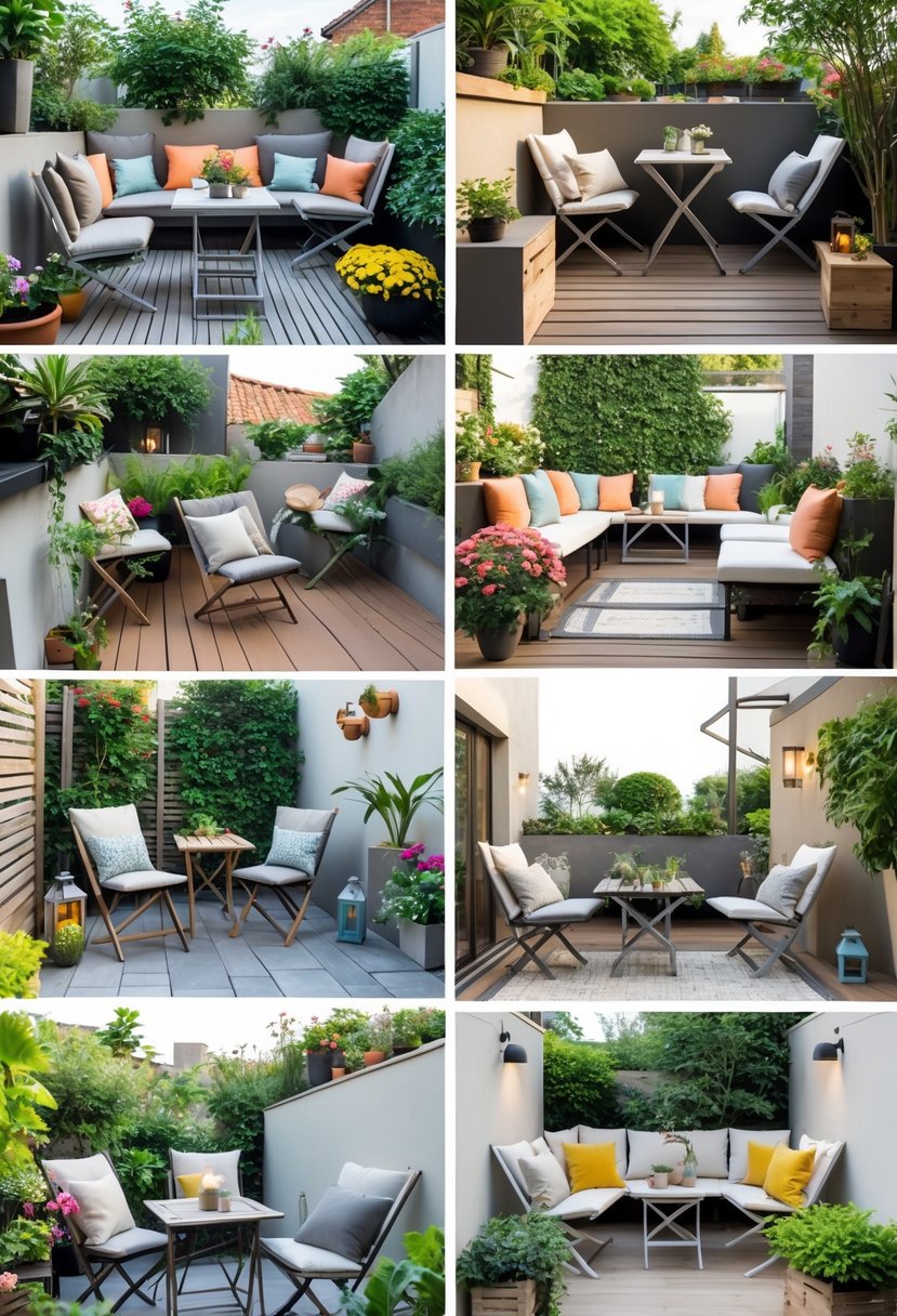 A collection of small terrace gardens featuring foldable outdoor furniture sets surrounded by plants and flowers.