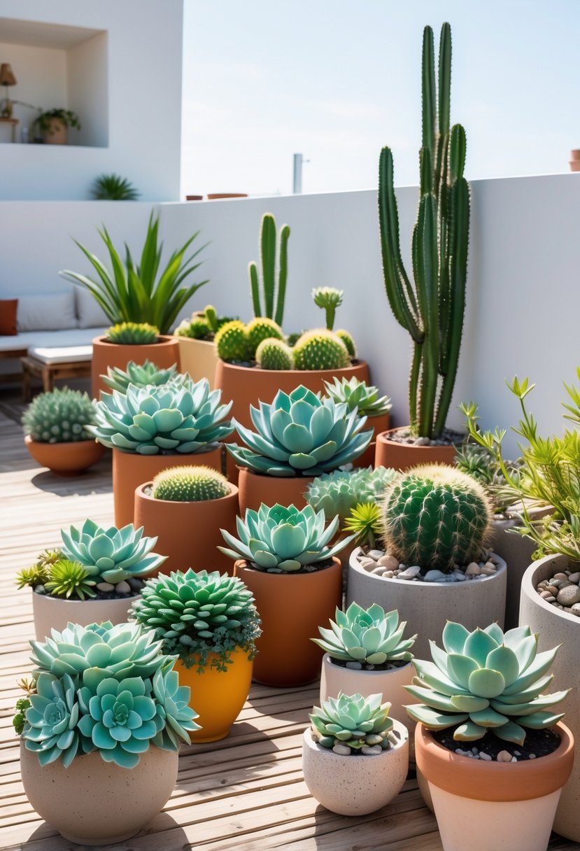 A terrace garden featuring ten small arrangements of various succulents and cacti in different pots and containers.