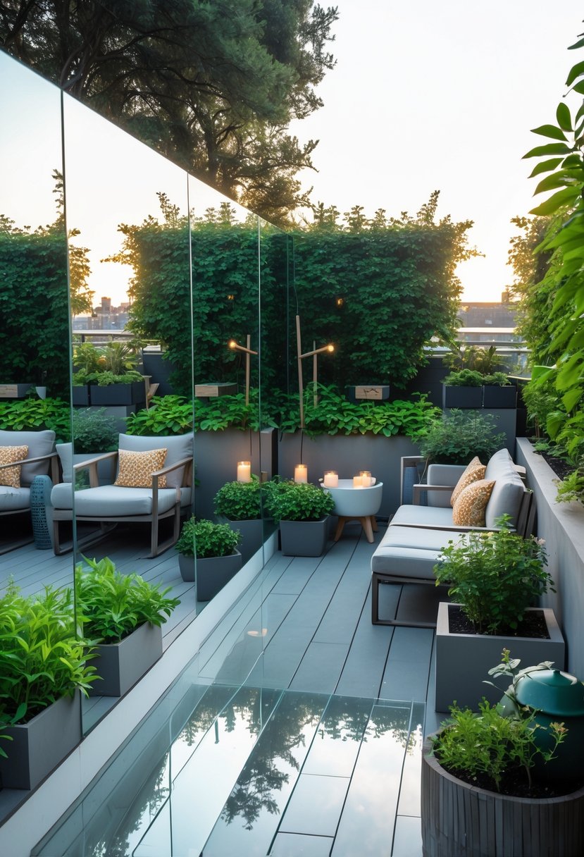 Small terrace garden with plants and mirrors reflecting greenery to create a sense of spaciousness.