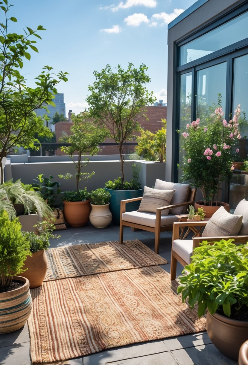 Small terrace garden with woven rugs, potted plants, and outdoor seating under natural sunlight.