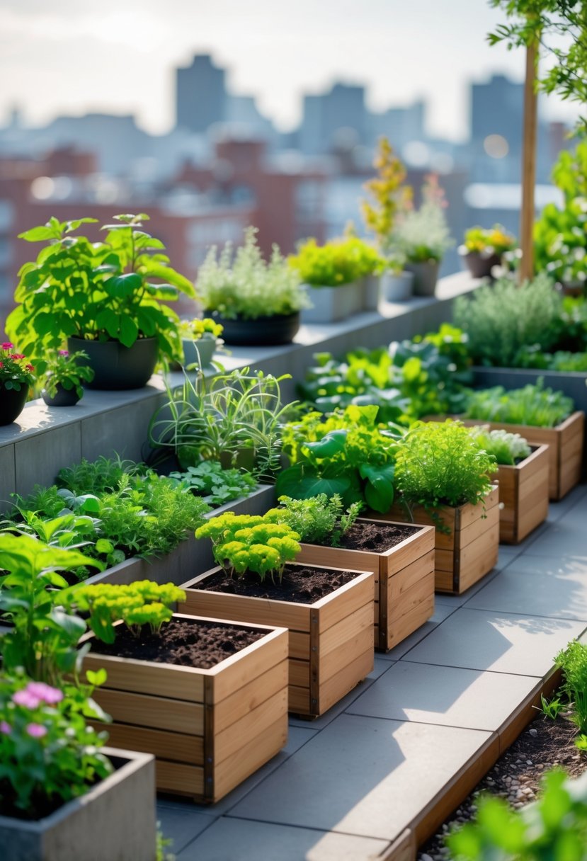 A small urban terrace garden with ten compact compost bins surrounded by green plants and flowers.