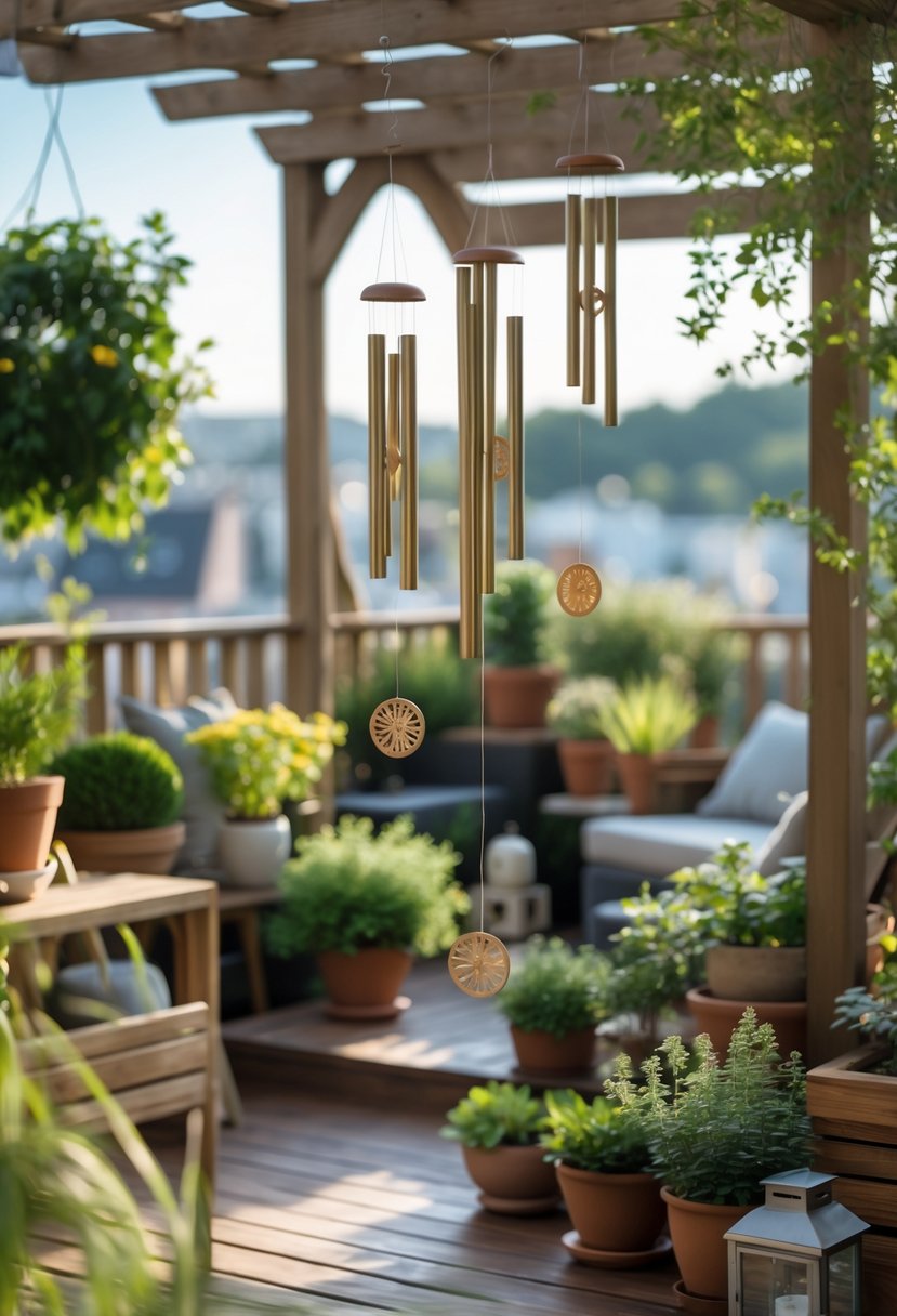 A small terrace garden with wind chimes hanging and various potted plants arranged around cozy seating.