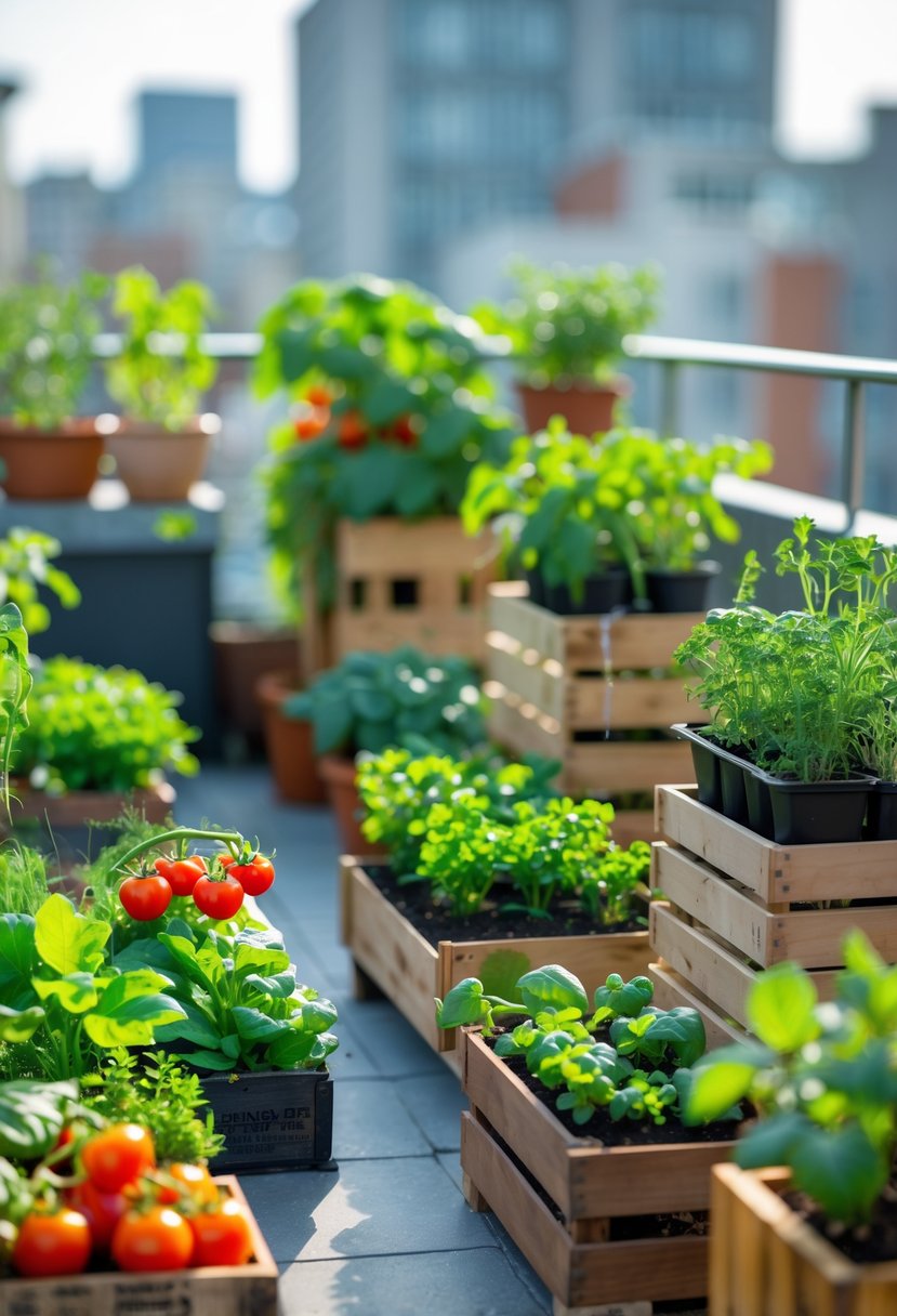 A small terrace with various containers holding mini vegetable gardens including leafy greens, herbs, tomatoes, and peppers arranged in different pots and planters.