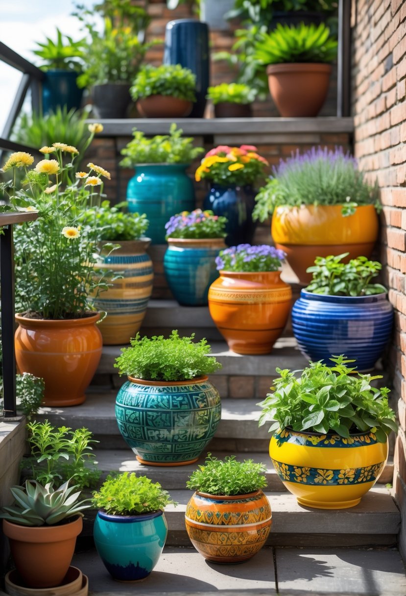 A small terrace garden with ten colorful ceramic pots filled with green plants and flowers arranged neatly in natural sunlight.