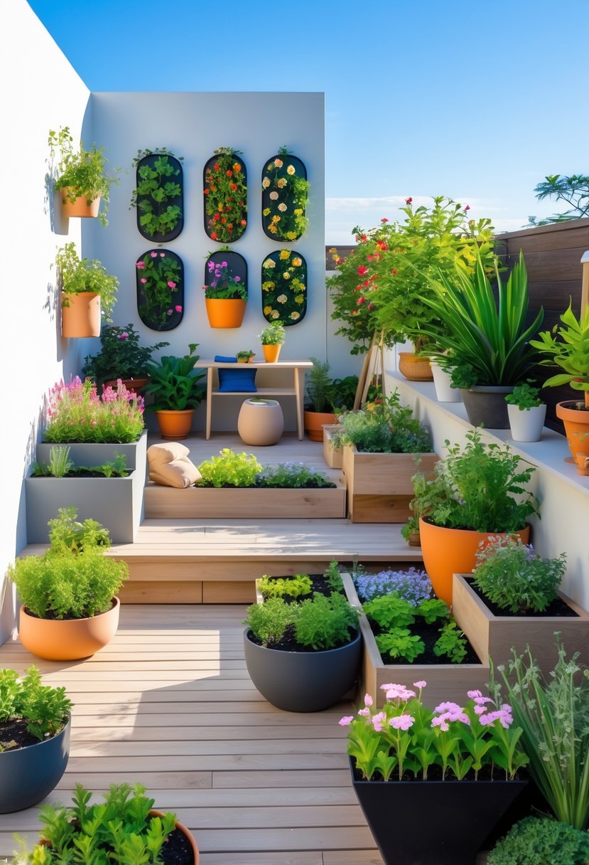 A bright terrace with various small garden setups including potted plants, hanging planters, and seating areas surrounded by greenery.