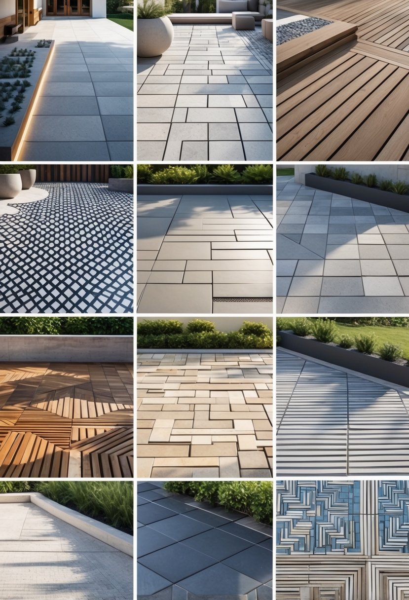 A collection of twelve different terrace tile designs displayed together, showing various patterns and textures.