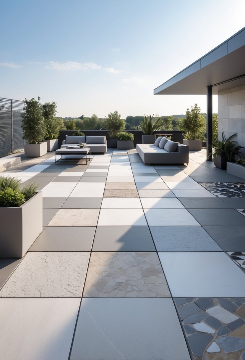 A spacious outdoor terrace with twelve different large porcelain tile designs on the floor, furnished with modern outdoor furniture and plants under natural daylight.