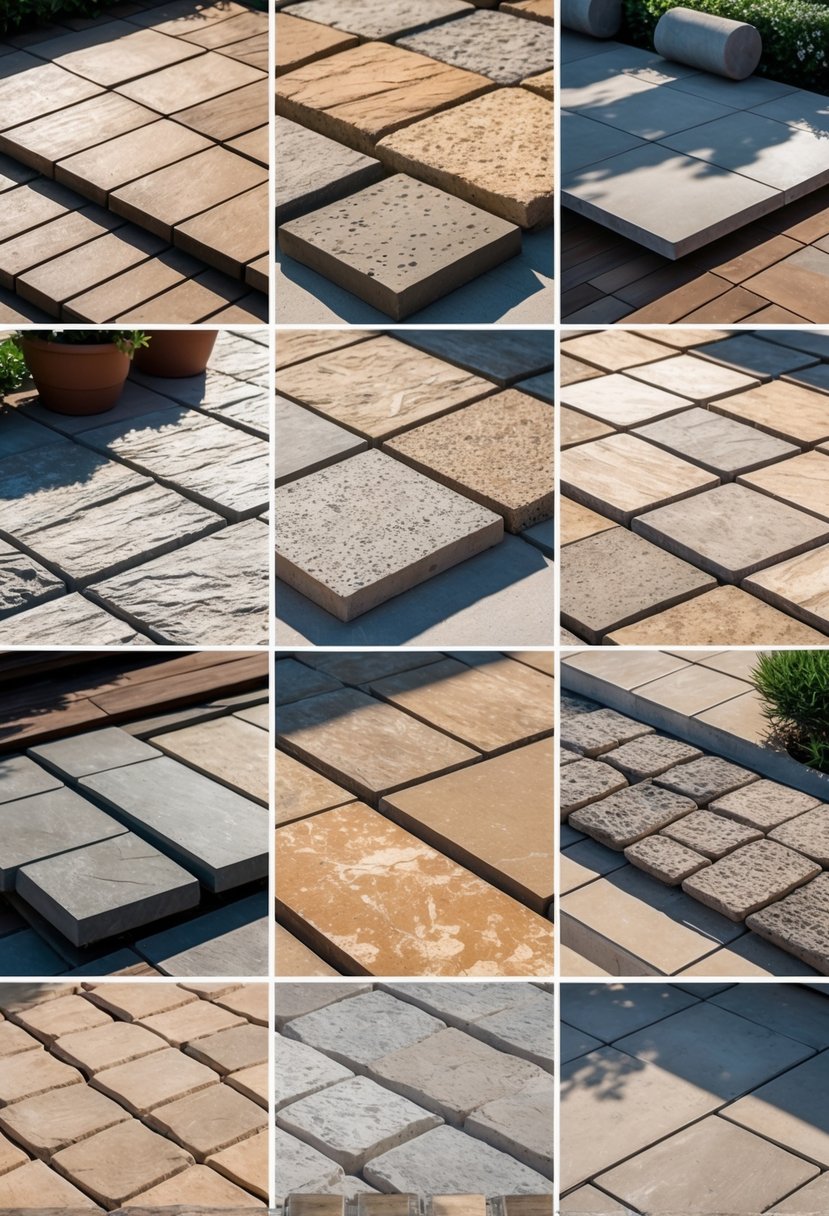 Twelve different stone-look terrace tiles displayed outdoors on a flat surface with natural lighting.