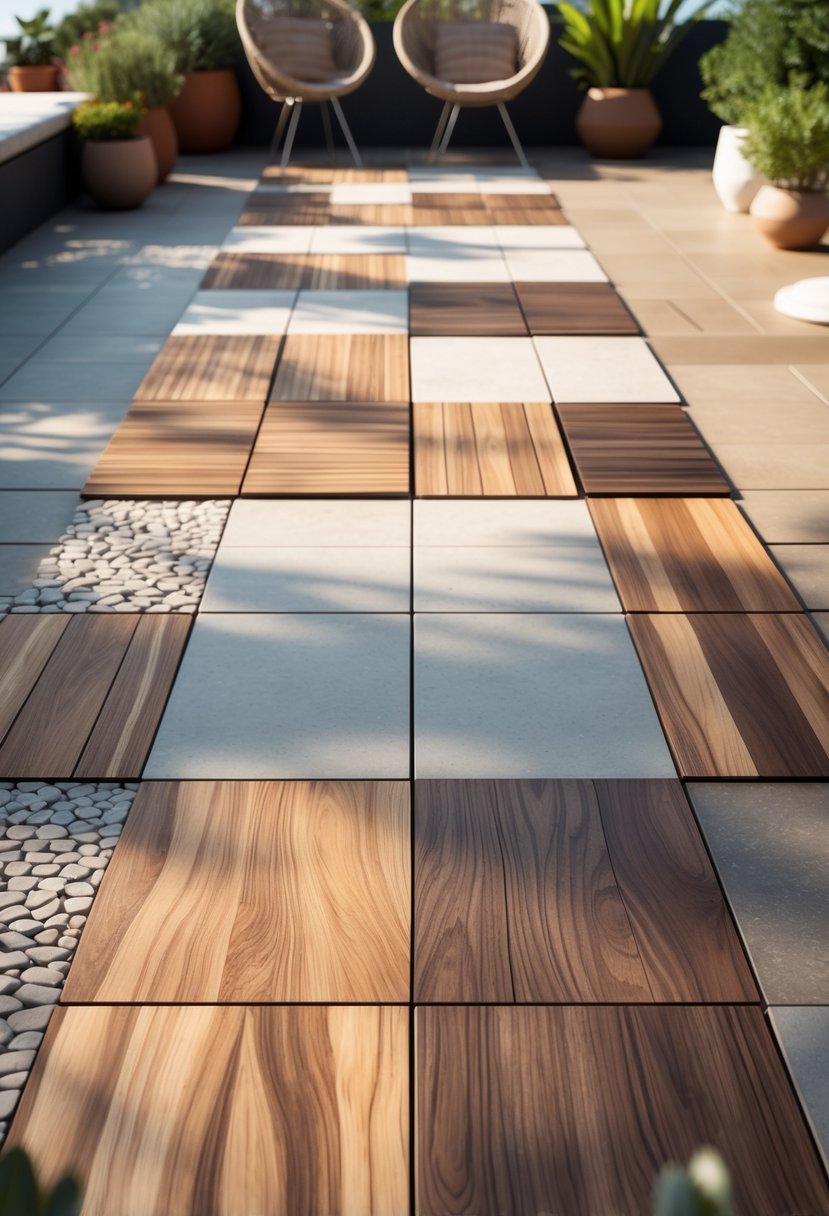 A terrace with twelve different wood-effect ceramic tiles arranged, surrounded by plants and outdoor furniture.