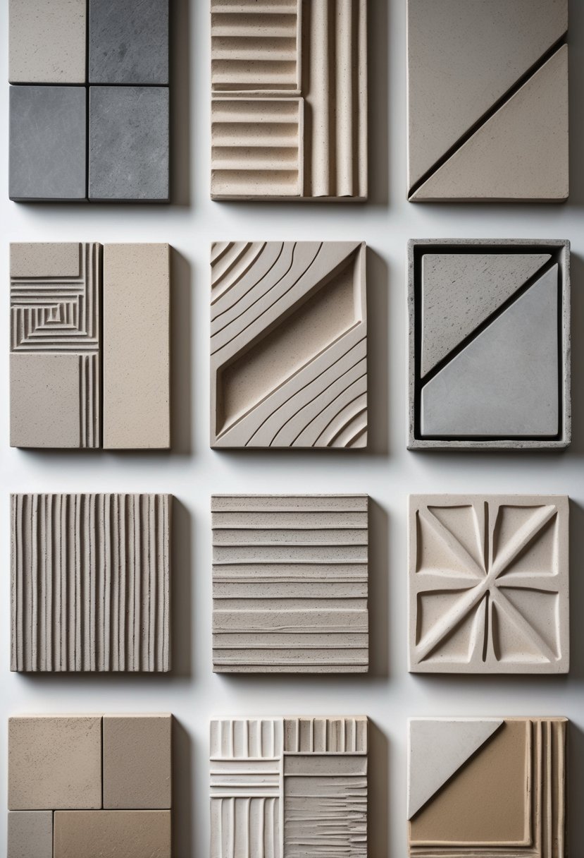 Twelve different matte cement terrace tiles arranged in a grid, each showing unique patterns and textures.
