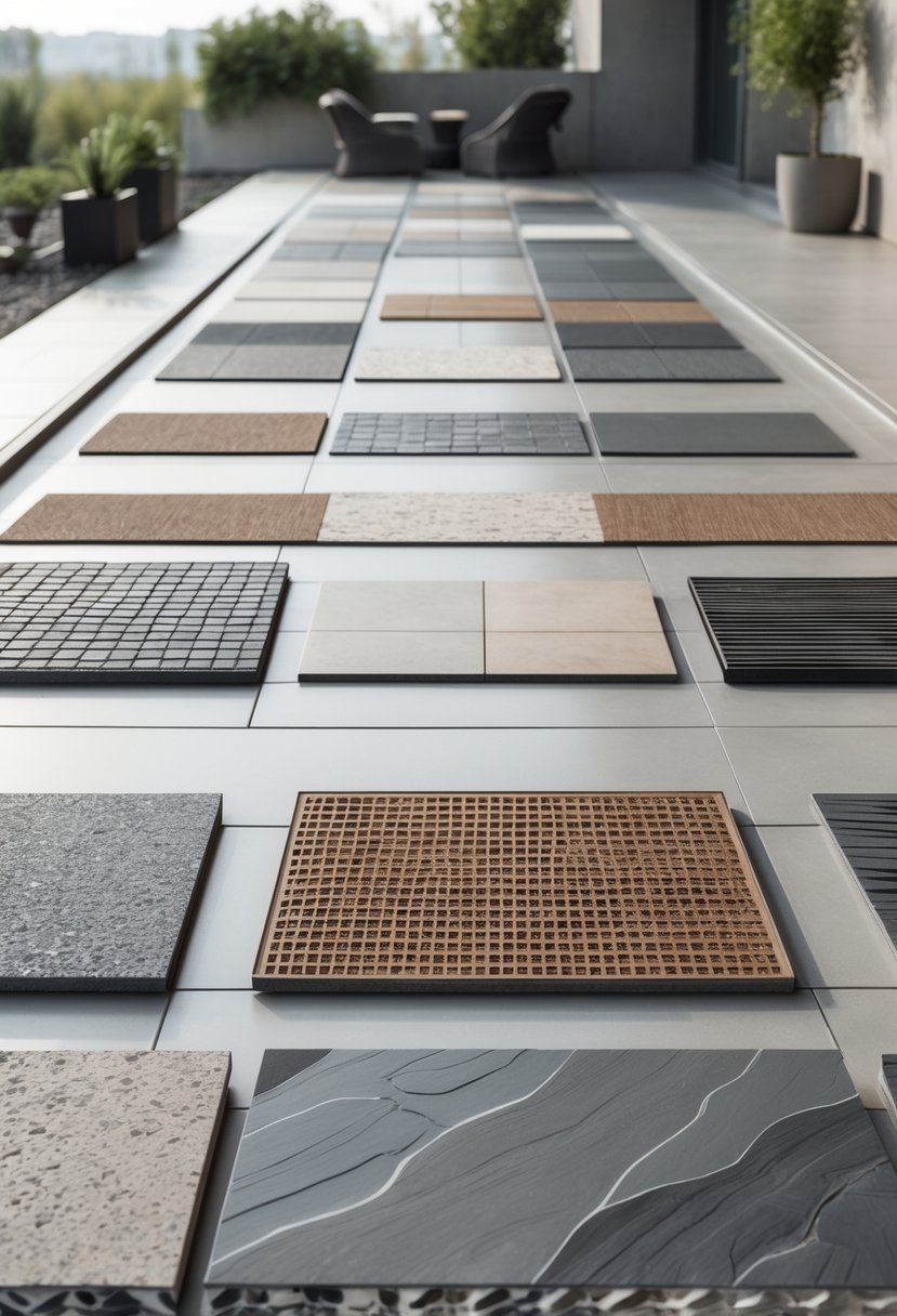 Outdoor patio displaying twelve different designs of slip-resistant porcelain terrace tiles arranged side by side.