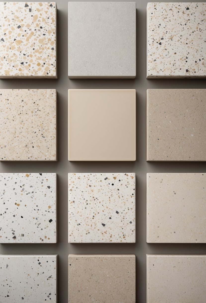 A collection of twelve neutral-colored terrazzo tiles arranged in a grid, showing different subtle speckled patterns and textures.