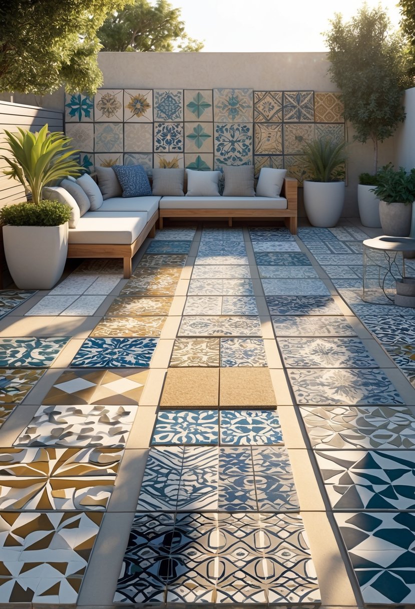 Outdoor terrace with twelve different tile patterns and modern seating surrounded by plants.