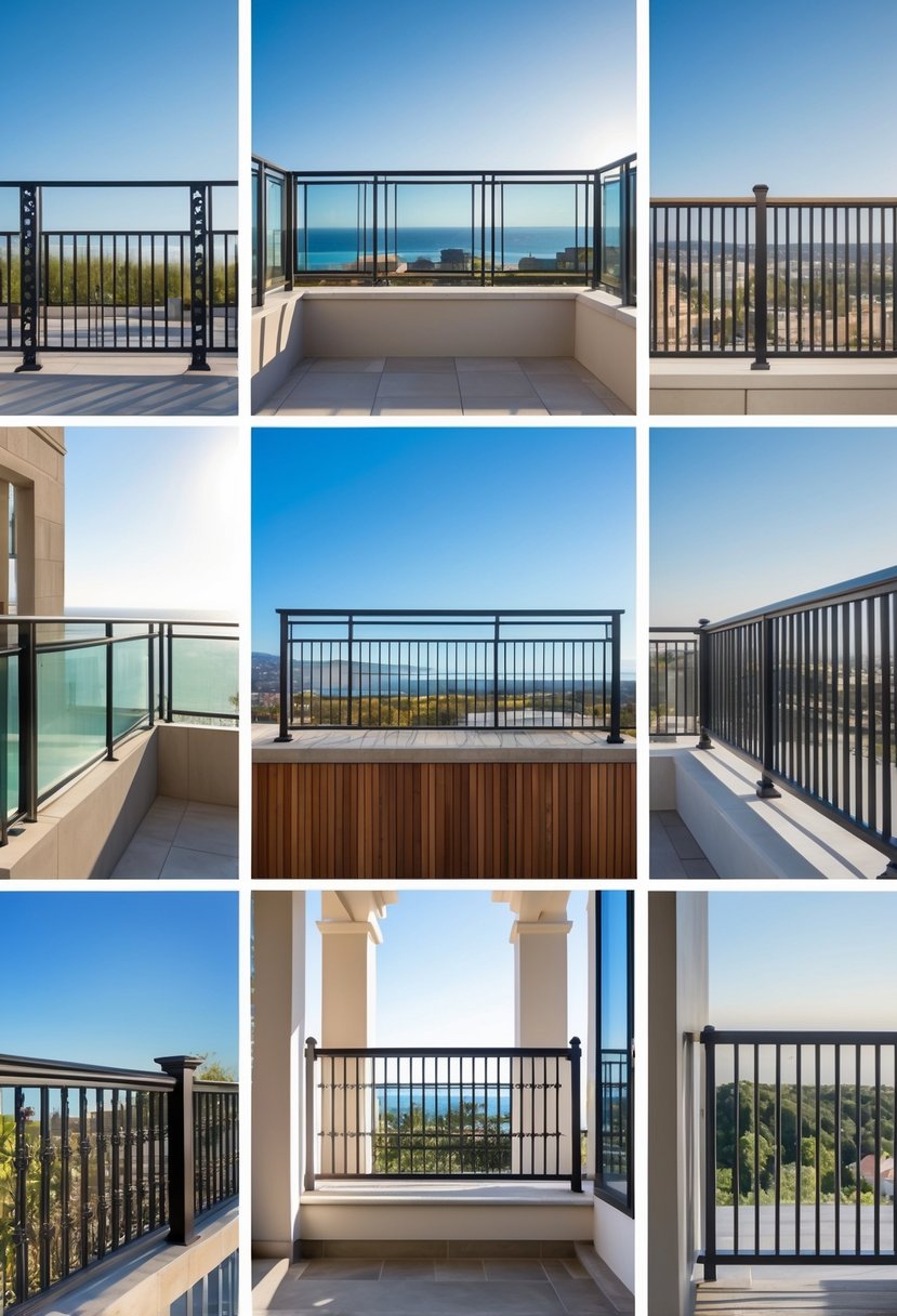 13 Gorgeous Terrace Railing Design Ideas for Every Style & Budget 2 Thirteen different terrace railings displayed outdoors, showing various designs and materials.
