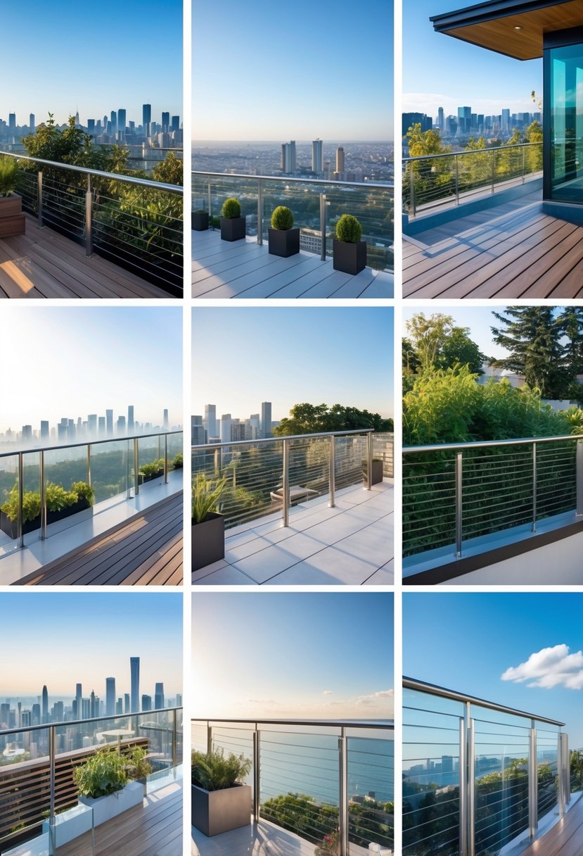 13 Gorgeous Terrace Railing Design Ideas for Every Style & Budget 4 Thirteen terraces featuring different stainless steel cable railing designs overlooking various outdoor settings.