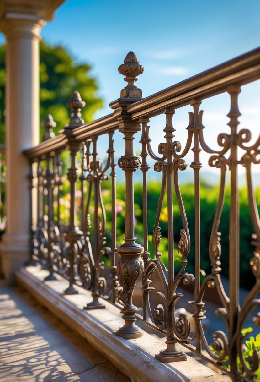 13 Gorgeous Terrace Railing Design Ideas for Every Style & Budget 5 A terrace with a decorative wrought iron railing featuring intricate patterns, overlooking a garden with greenery under a clear sky.