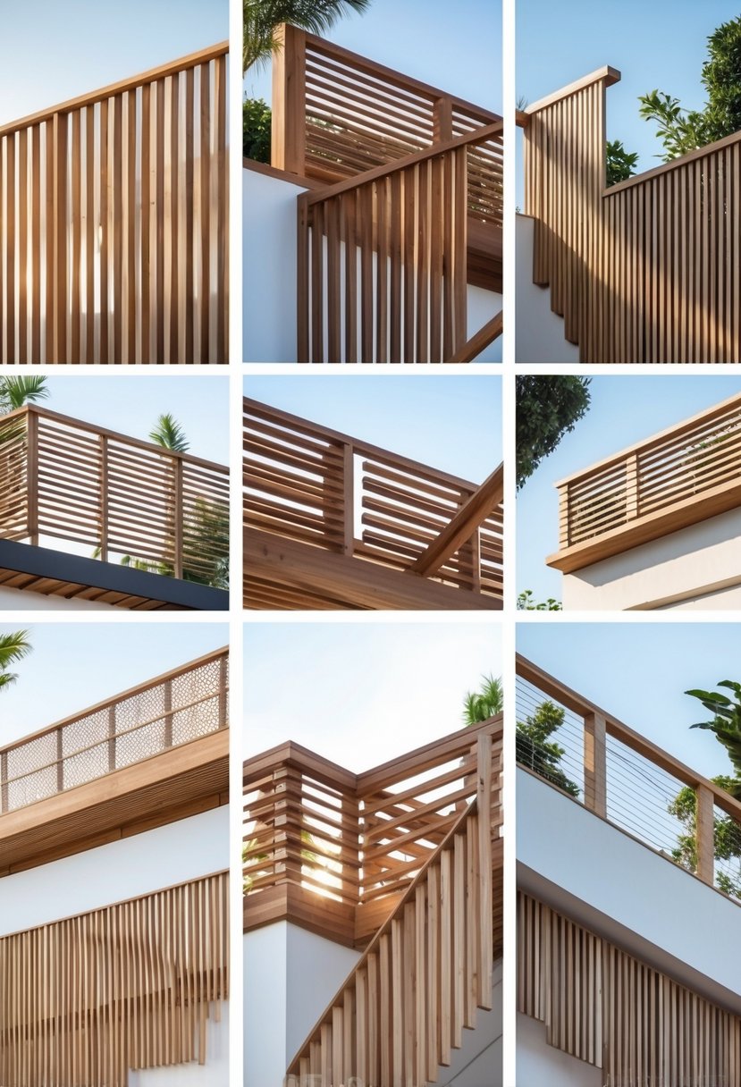 13 Gorgeous Terrace Railing Design Ideas for Every Style & Budget 6 Thirteen different wooden slat terrace railings displayed outdoors under clear sky.