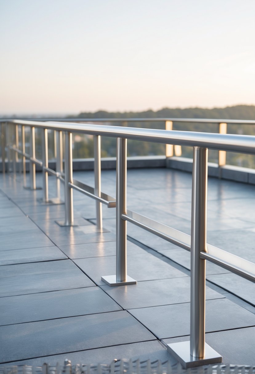 13 Gorgeous Terrace Railing Design Ideas for Every Style & Budget 7 Outdoor terrace with thirteen sections of tubular steel railings overlooking a scenic background.