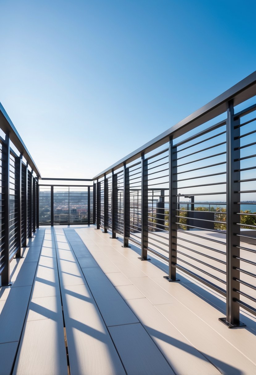13 Gorgeous Terrace Railing Design Ideas for Every Style & Budget 8 An elevated terrace with minimalist metal railings and a light-colored floor, overlooking a blurred background under a clear sky.