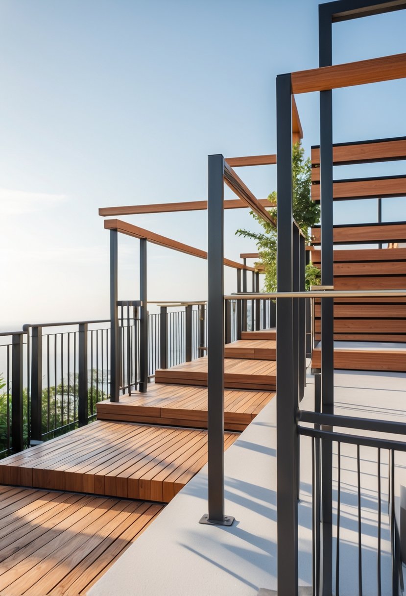 13 Gorgeous Terrace Railing Design Ideas for Every Style & Budget 9 Thirteen terrace railings made of wood and metal displayed outdoors on terraces with clear sky and greenery in the background.