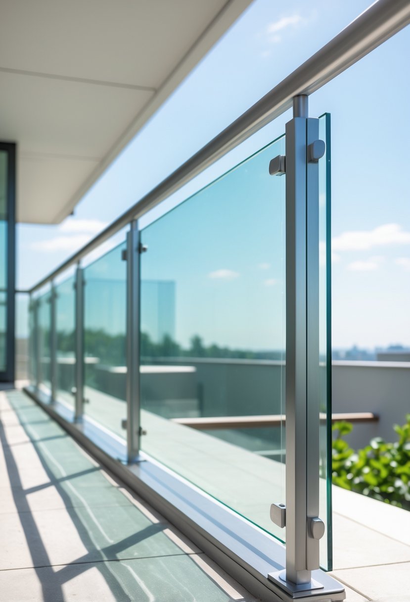 13 Gorgeous Terrace Railing Design Ideas for Every Style & Budget 11 A terrace railing made of clear tempered glass panels held by a silver aluminium frame overlooking an outdoor area with greenery.