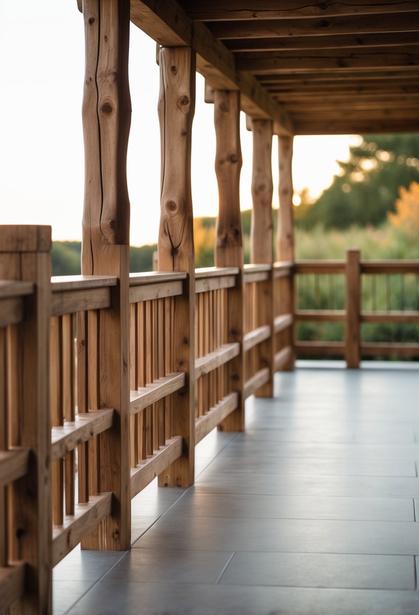 13 Gorgeous Terrace Railing Design Ideas for Every Style & Budget 12 A spacious terrace with rustic wooden railings overlooking a natural outdoor area with greenery and clear sky.