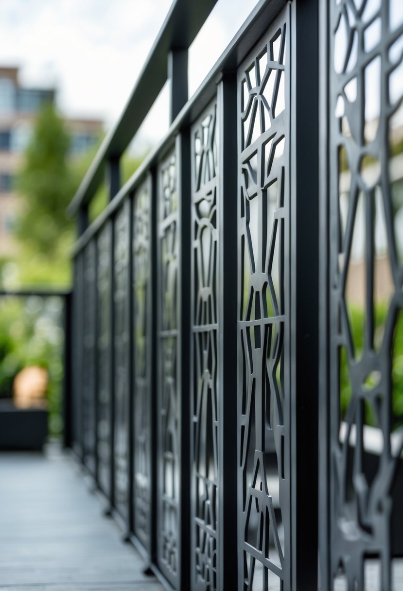 13 Gorgeous Terrace Railing Design Ideas for Every Style & Budget 13 A terrace railing made of laser-cut steel panels with geometric patterns, overlooking an outdoor setting.