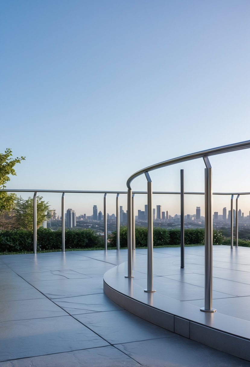 13 Gorgeous Terrace Railing Design Ideas for Every Style & Budget 14 Outdoor terrace with curved metal railings overlooking a city skyline under a clear sky.