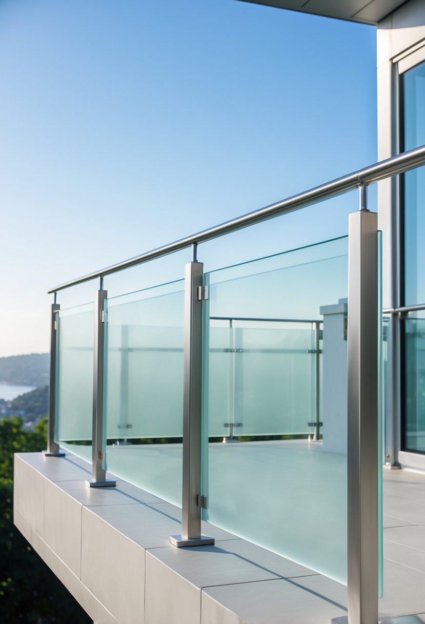 13 Gorgeous Terrace Railing Design Ideas for Every Style & Budget 15 A terrace with frosted glass railings overlooking a cityscape or natural view.