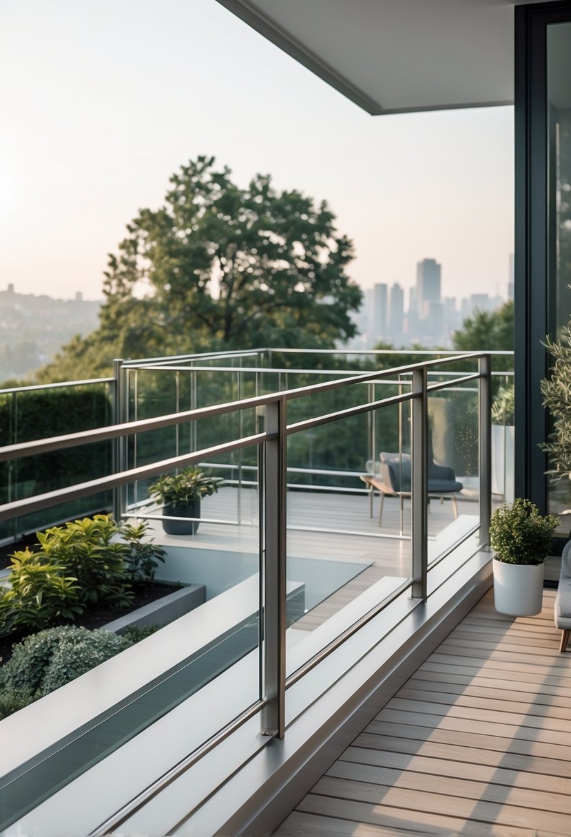 13 Gorgeous Terrace Railing Design Ideas for Every Style & Budget 16 A modern terrace with a sleek metal and glass railing overlooking a garden or cityscape.