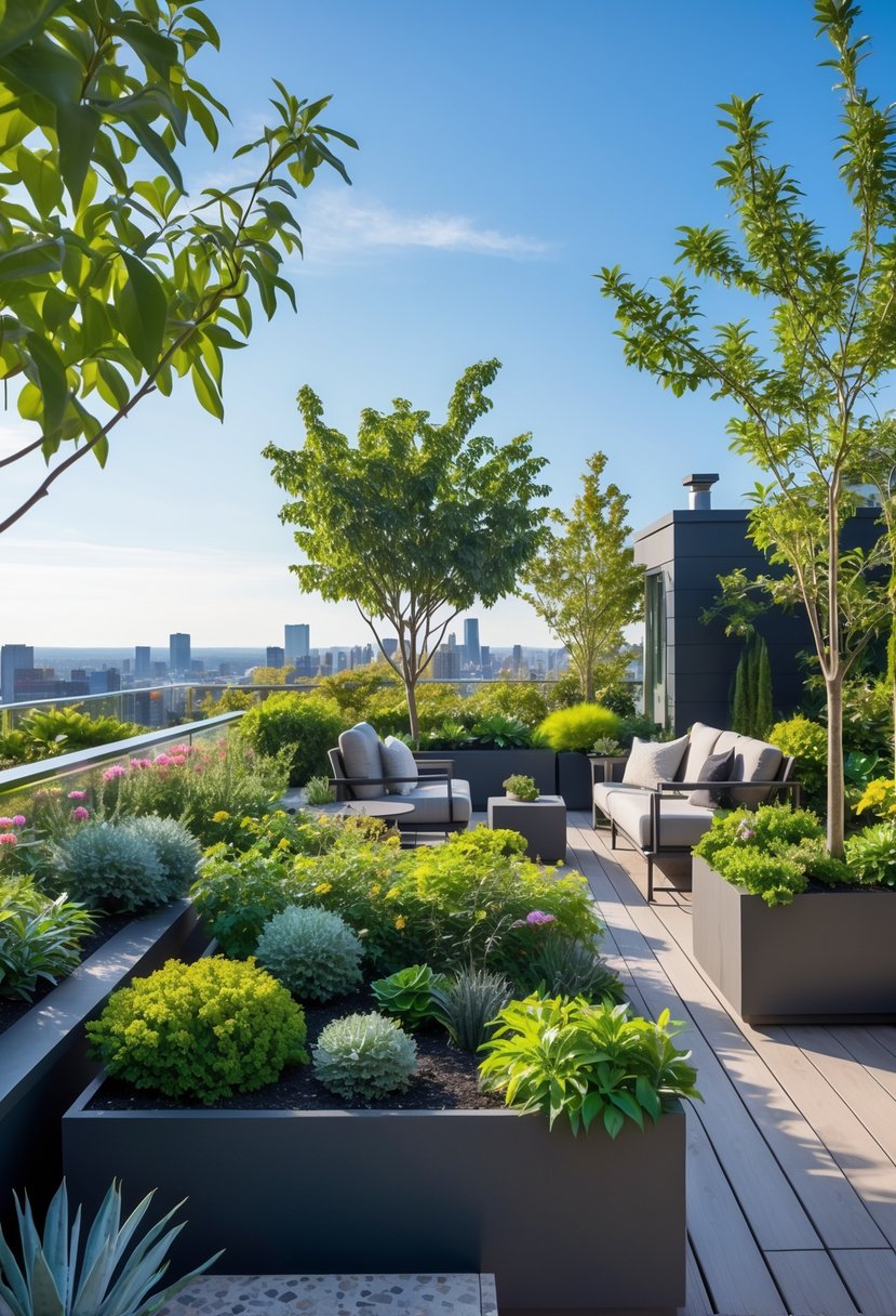 A rooftop terrace garden with native plants, outdoor seating, and city buildings in the background.