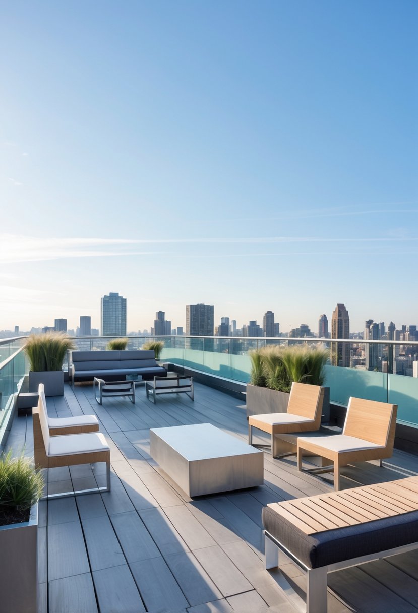Rooftop terrace with modern seating, wooden deck, glass railings, and city skyline in the background.