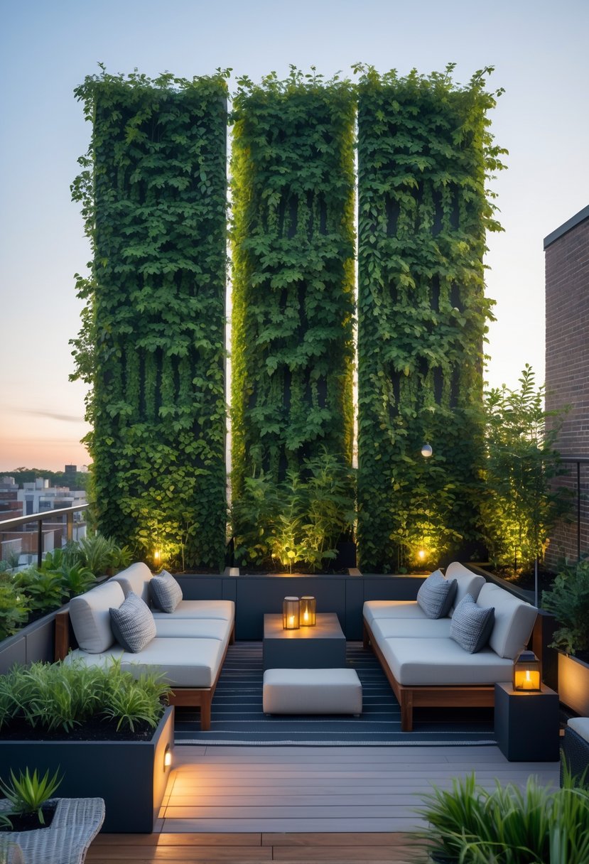A rooftop terrace with vertical garden walls providing privacy, furnished with outdoor seating and plants under a clear sky.