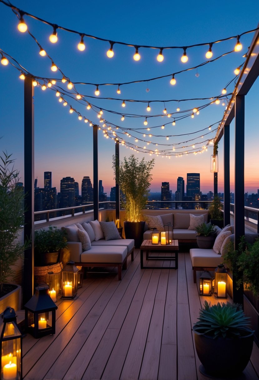 Rooftop terrace at dusk with string lights and lanterns creating warm ambient lighting over outdoor seating and plants, overlooking a city skyline.