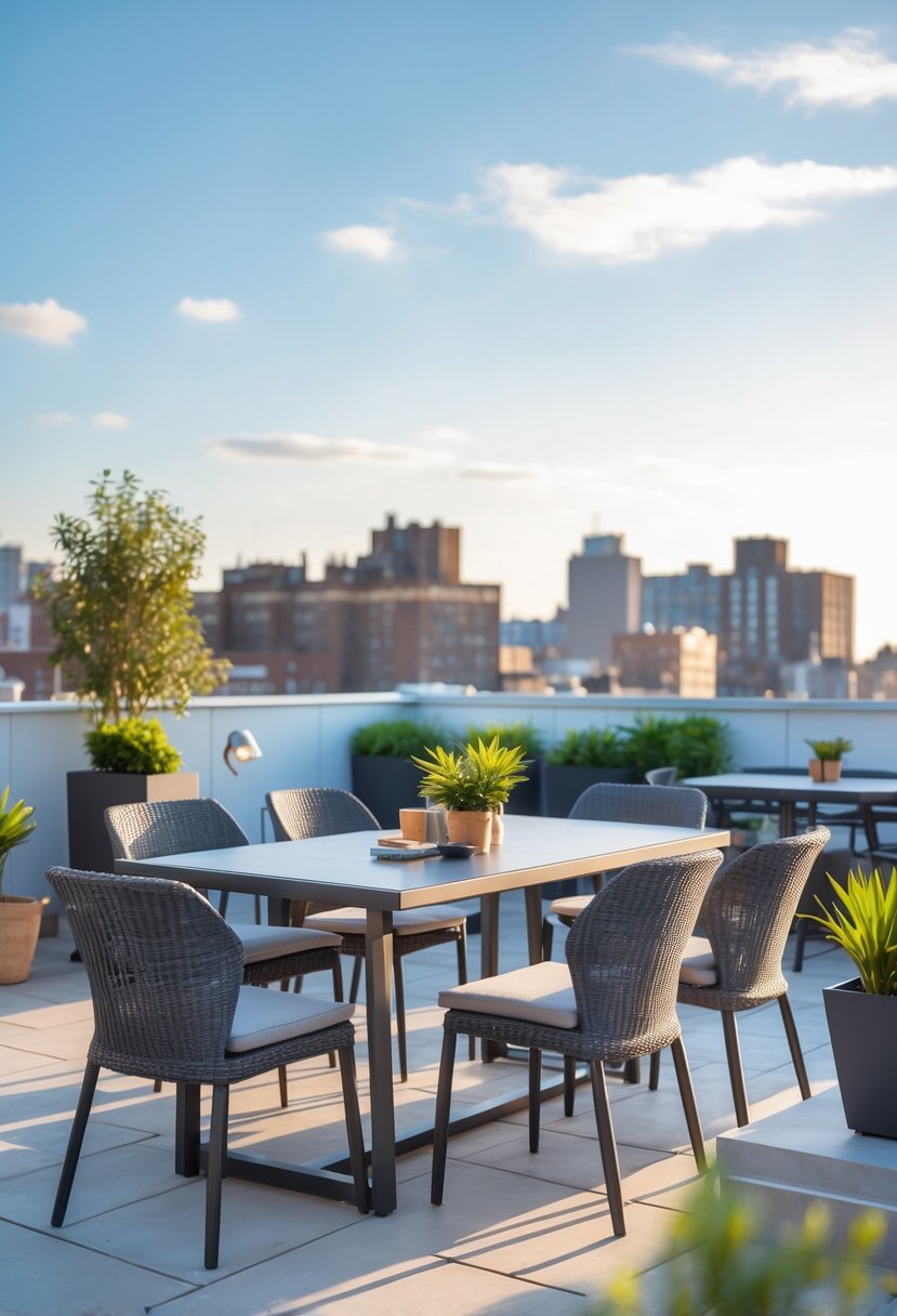 A rooftop terrace with a dining table and chairs surrounded by plants and city buildings in the background.