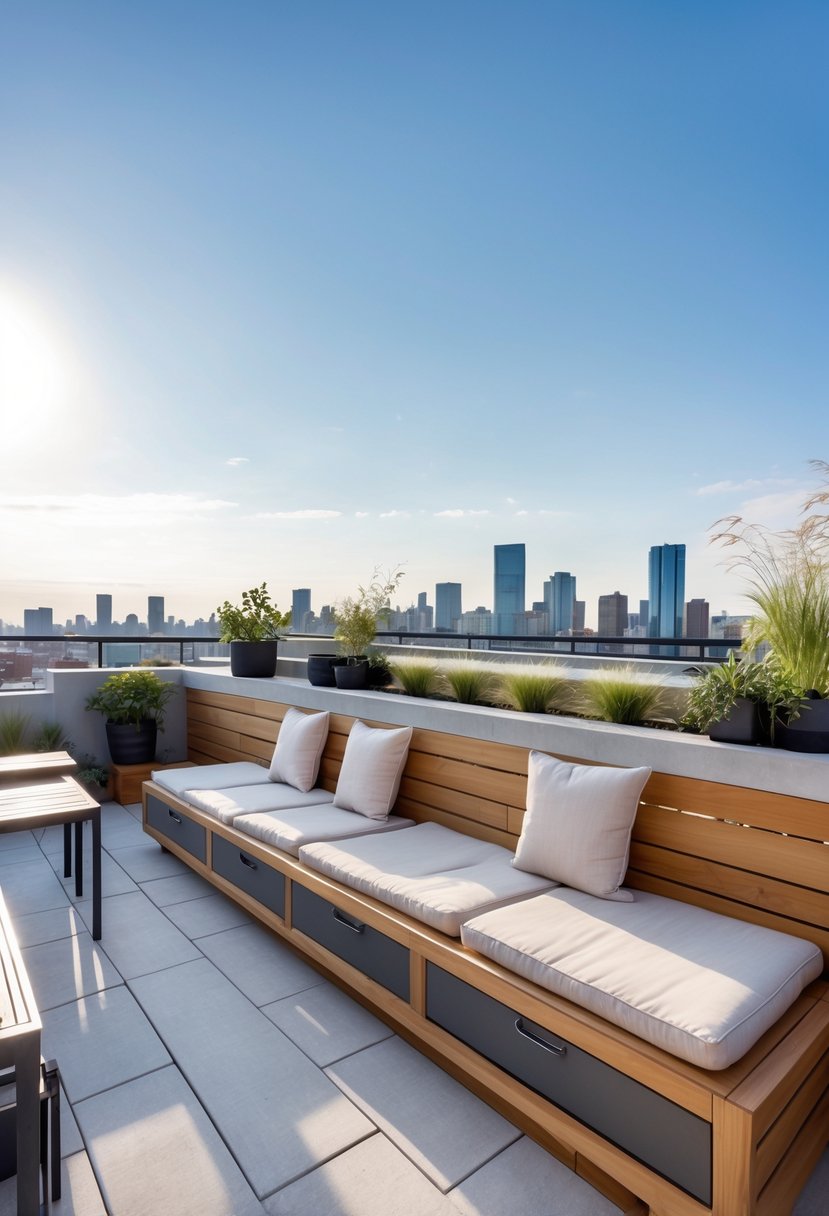 Rooftop terrace with built-in wooden seating and storage underneath, surrounded by plants and city skyline in the background.
